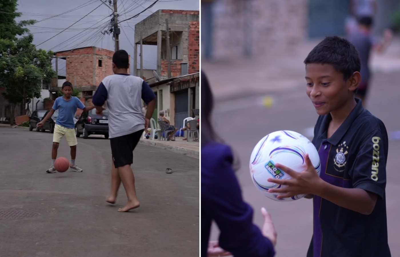 Crianças que jogavam futebol com bolas improvisadas se emocionam ao ganhar bola de futebol