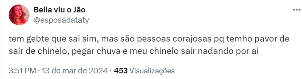 Comentário sobre o uso de chinelo em SP — Foto: Reprodução/X
