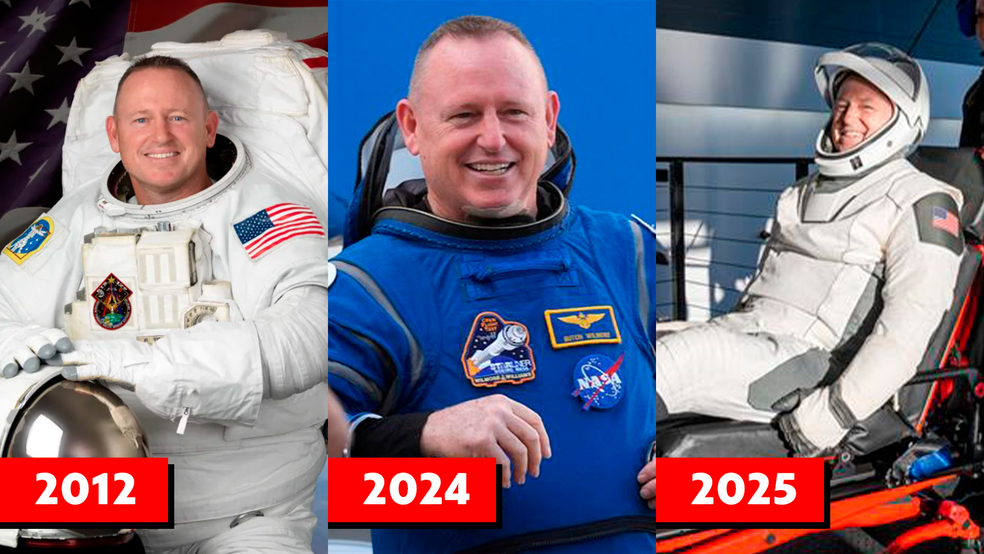 O astronautas da Nasa Butch Wilmore em 20 de julho de 2012, 1 de junho de 2024 e 18 de março de 2025. — Foto: NASA, AP Photo/John Raoux e NASA/Keegan Barber