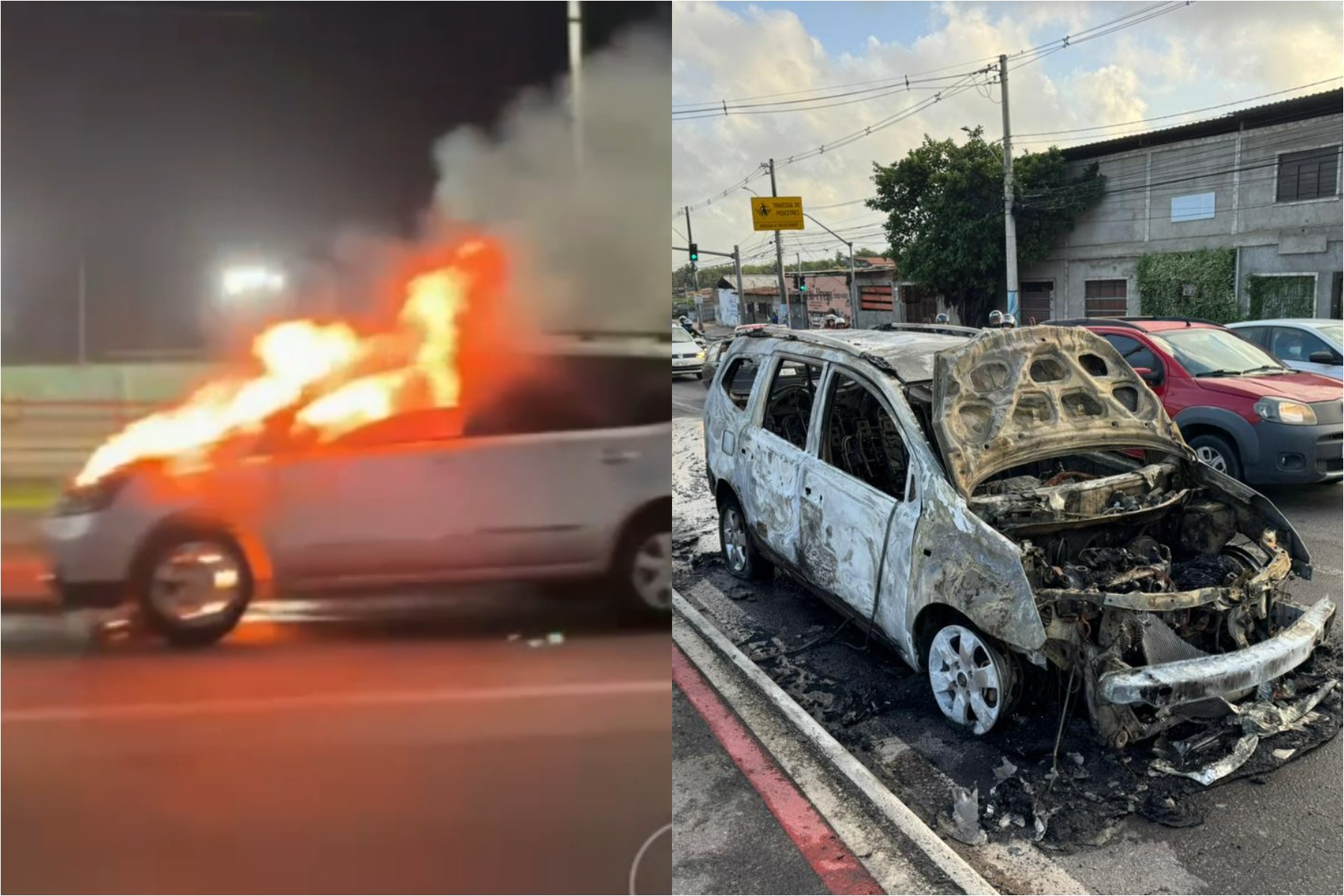 VÍDEO: Carro fica destruído após pegar fogo na Avenida Felizardo Moura, em Natal
