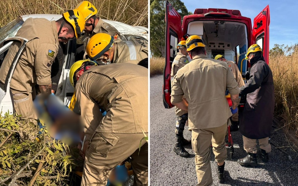 Mulher morre e três idosos ficam feridos após carro bater em carreta na GO-210 — Foto: Divulgação/Corpo de Bombeiros