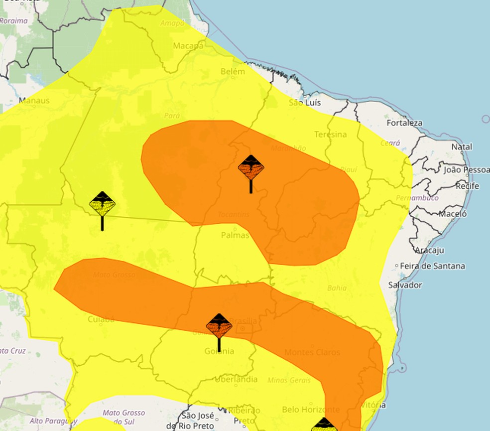 Tocantins tem dois alertas de chuvas intensas — Foto: Reprodução/Inmet