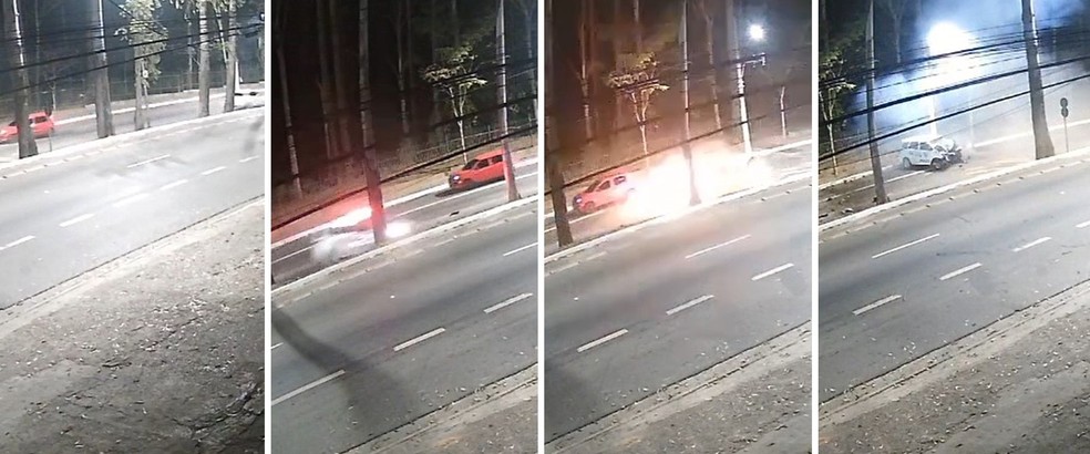 Sequência de fotos acima, a partir de vídeo de câmera de segurança, mostra: carro branco furtado passando por automóvel vermelho; viatura da PM vindo em seguida e batendo uma árvore, explodindo, pegando fogo e depois parando na via — Foto: Reprodução/Redes sociais