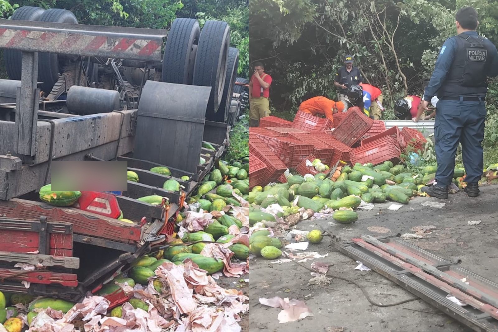 Caminhoneiro morre e passageira fica presa às ferragens após caminhão carregado de mamão capotar no PI