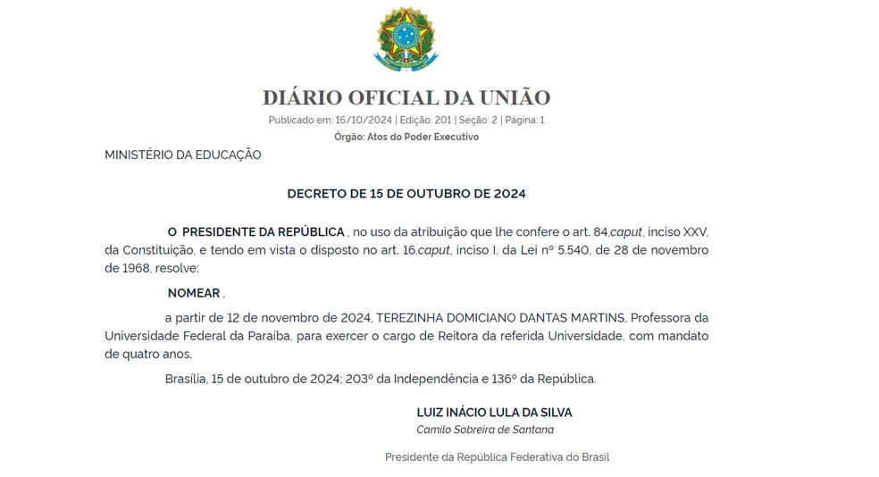 Nomeação de Terezinha Domiciano foi assinada pelo presidente Lula e pelo ministro Camilo Santana — Foto: DOU/Reprodução