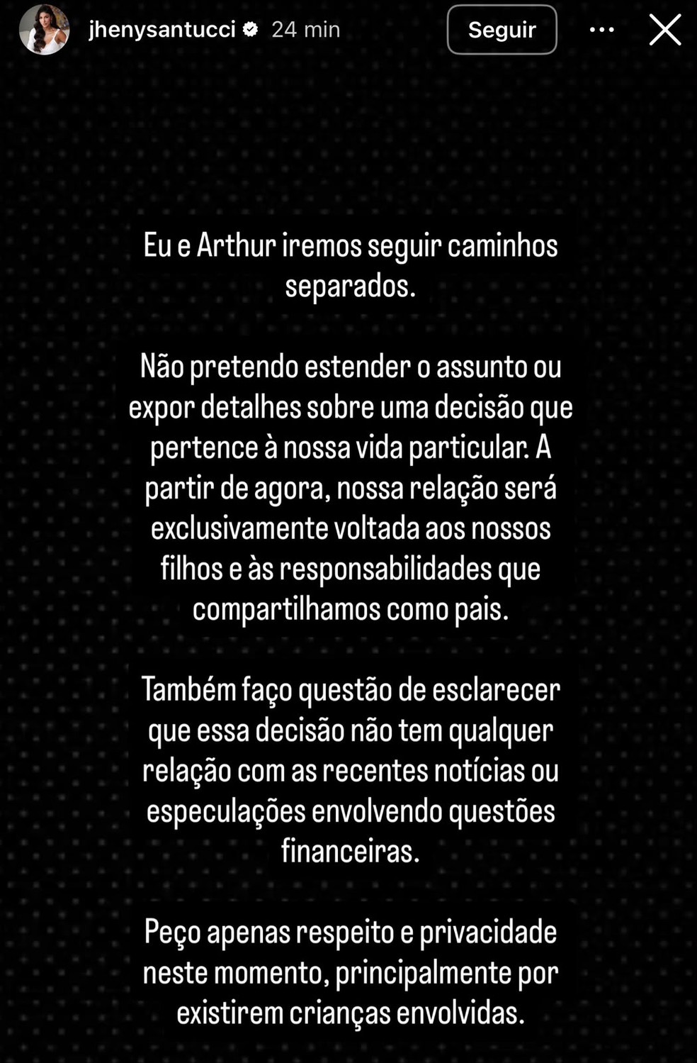 Jheny Santucci anunciou a separação de Arthur Aguiar nas redes sociais nesta terça-feira (6). — Foto: Reprodução/Instagram/@jhenysantucci
