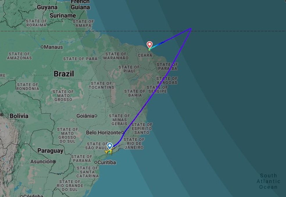 Voo da Latam com destino a Milão teve que ser desviado para Fortaleza (CE) após tripulante passar mal — Foto: FlightRadar