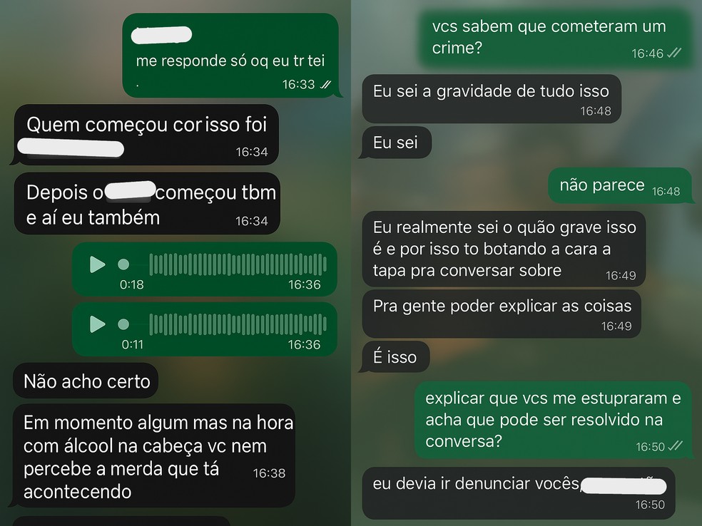 Imagem editada com IA para ocultar nomes e fotos dos menores; conteúdo das mensagens foi preservado. — Foto: Imagens cedidas pela mãe da adolescente