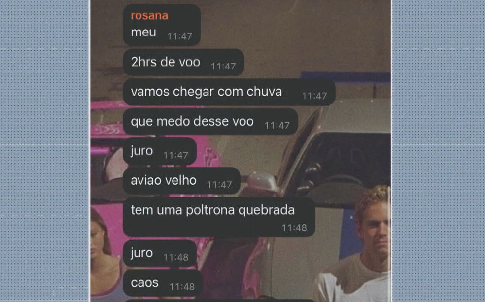 Mensagem enviada por Rosana no grupo da família fala da preocupação com o voo e o que ela sentiu dentro da aeronave. — Foto: Reprodução/ TV Globo