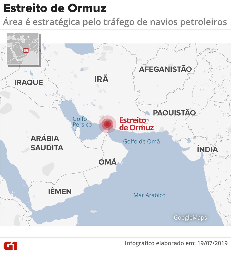 Mapa Estreito de Ormuz — Foto: Guilherme Pinheiro/G1