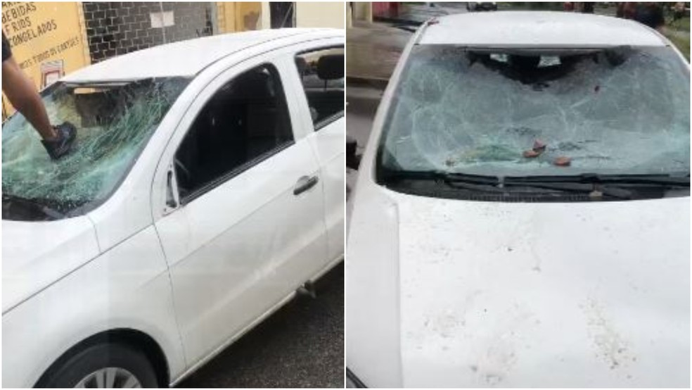 Membros de torcida organizada depredam carro em avenida do Conjunto Ceará, em Fortaleza. — Foto: Reprodução