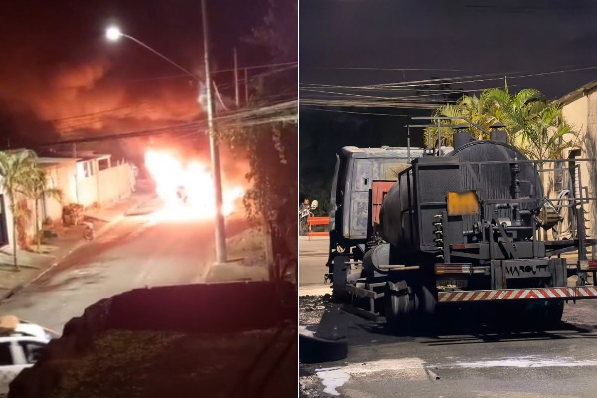 Caminhão-tanque com piche pega fogo no litoral de SP; VÍDEO