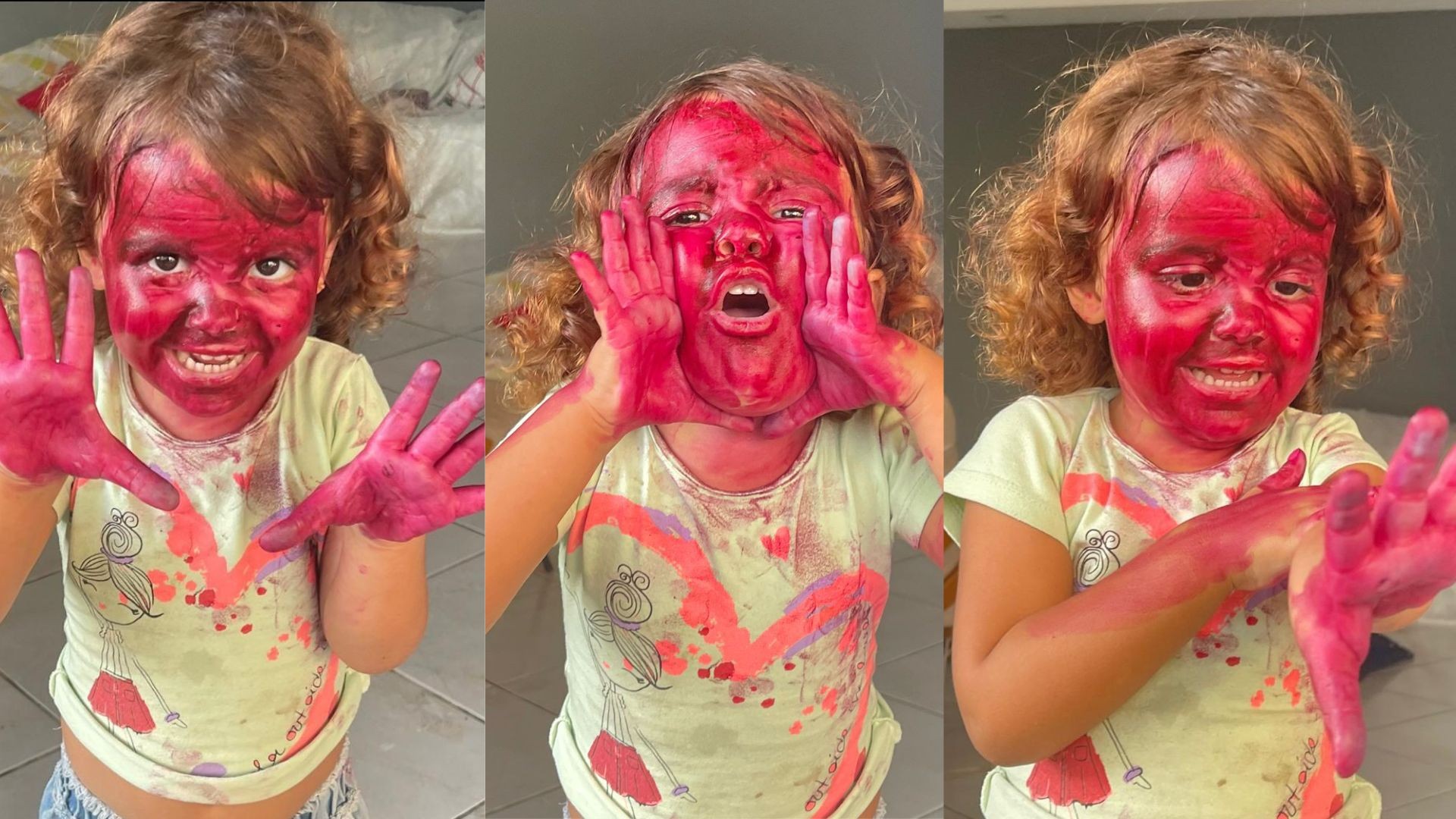 Menina de 3 anos suja o rosto inteiro com batom da mãe e viraliza na internet: 'Mais de 10h para tirar tudo'