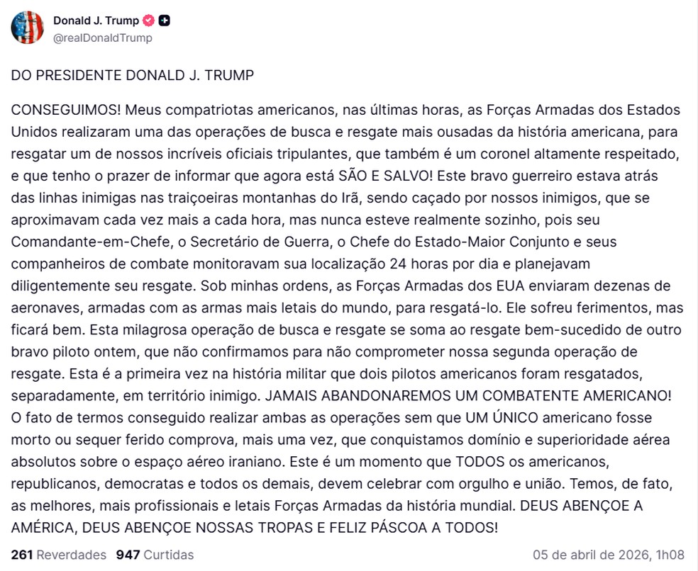 Donald Trump confirma resgate de piloto americano no Irã — Foto: Reprodução Redes/Truth @realDonaldTrump