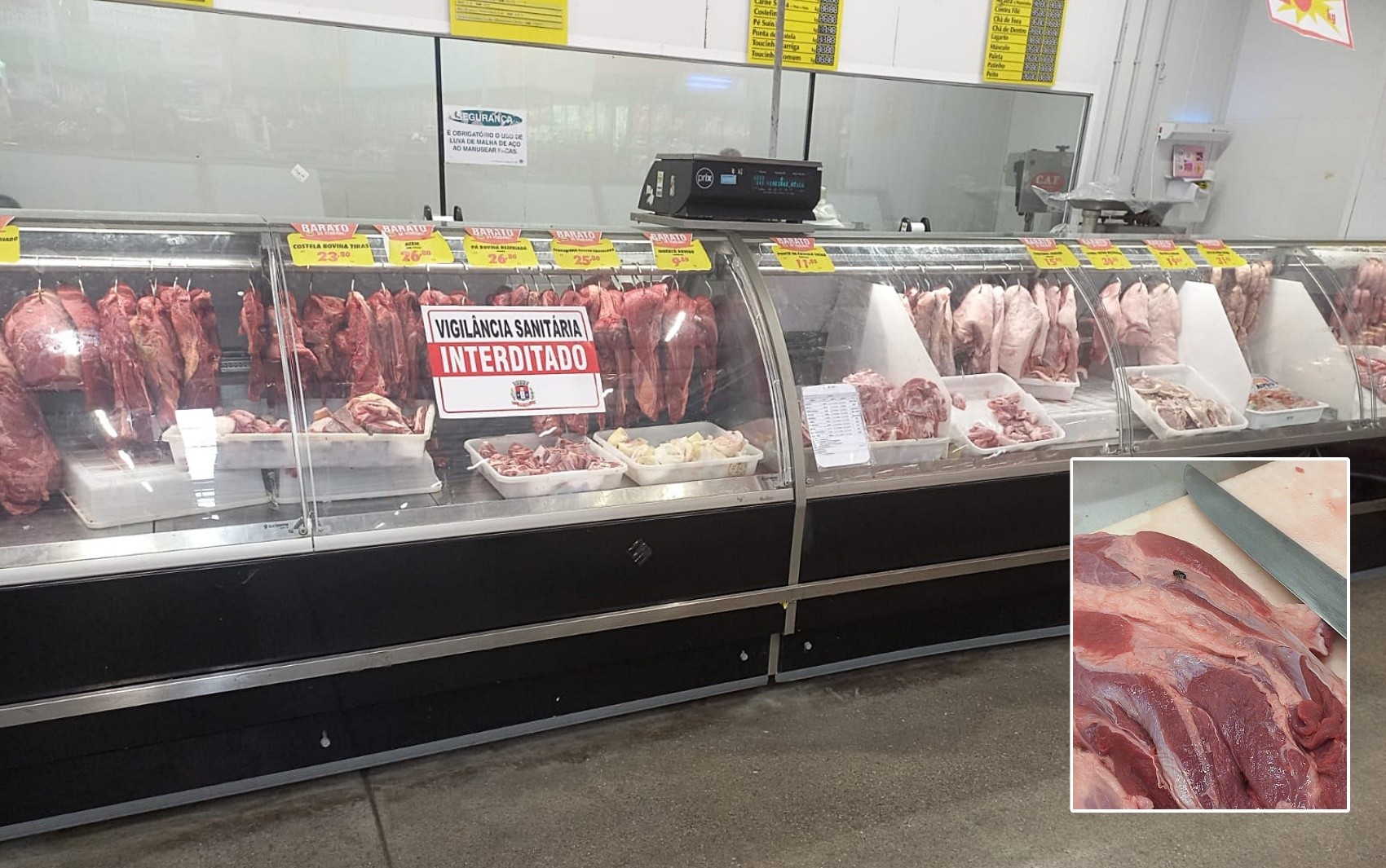 Vigilância Sanitária interdita açougue de supermercado de Pouso Alegre após encontrar moscas e falhas de higiene