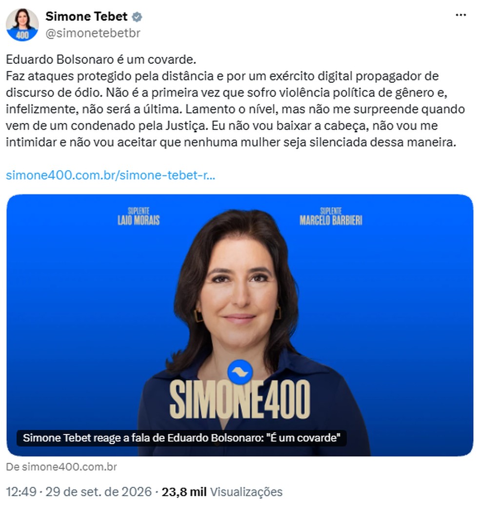Postagem de Simone Tebet sobre declaração de Eduardo Bolsonaro — Foto: Reprodução/X