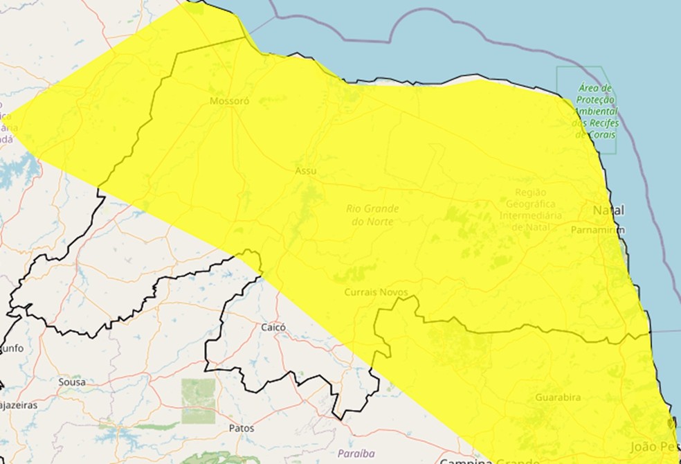 Previsão de chuva entre a noite de sábado (18) o domingo (19) em cidades do Rio Grande do Norte — Foto: Inmet/Reprodução