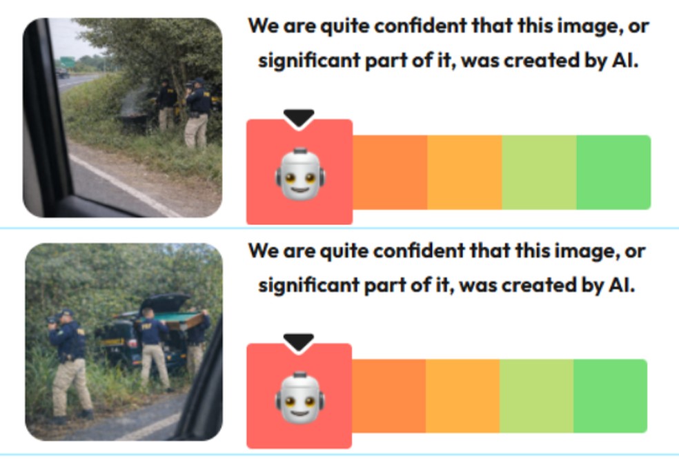 Was It AI apontou uso de IA em três imagens. — Foto: Reprodução