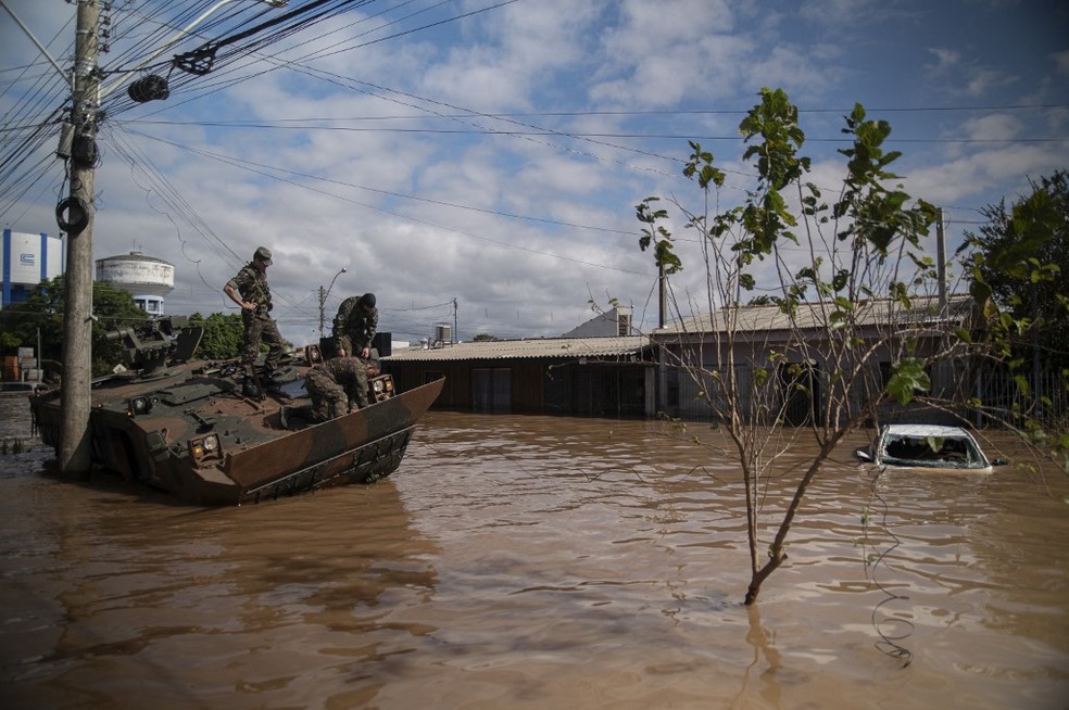 Enchente em Eldorado do Sul, no Rio Grande do Sul, em 9 de maio de 2024  Foto: Carlos FABAL / AFP