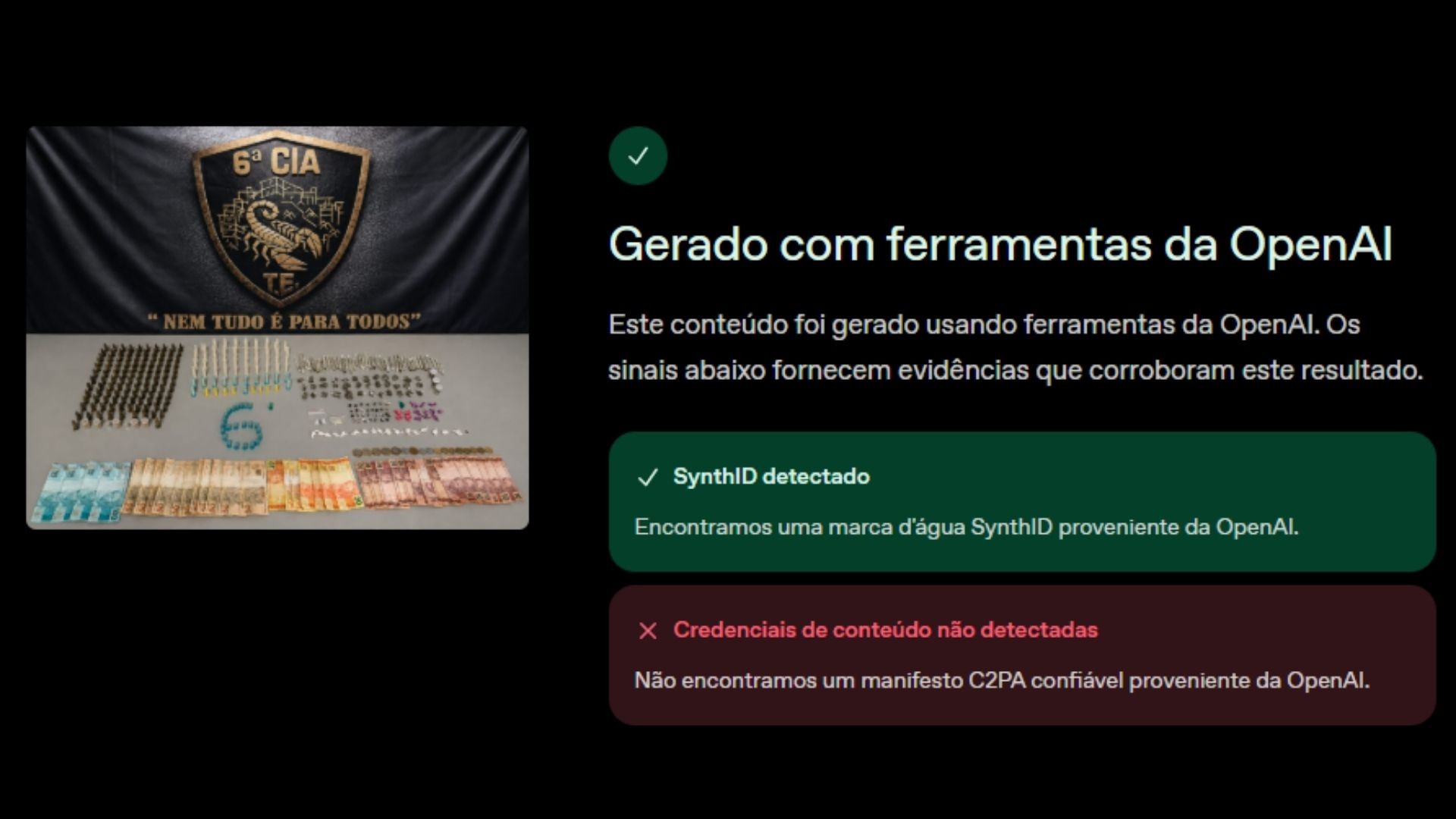 Ferramenta OpenAI Verify, da empresa criadora do ChatGPT, indicou a presença de SynthID em imagens divulgadas pela polícia no Espírito Santo. — Foto: Reprodução/OpenAI Verify