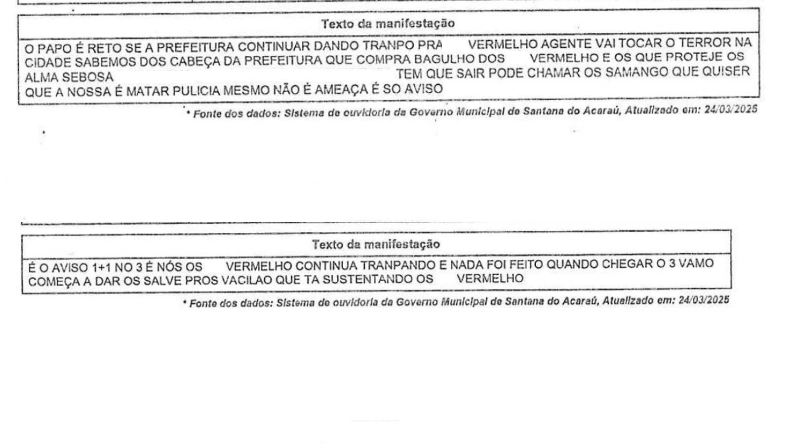 Polícia investiga mensagens recebidas pela ouvidoria de prefeitura com ameaças de facção criminosa, no interior do Ceará