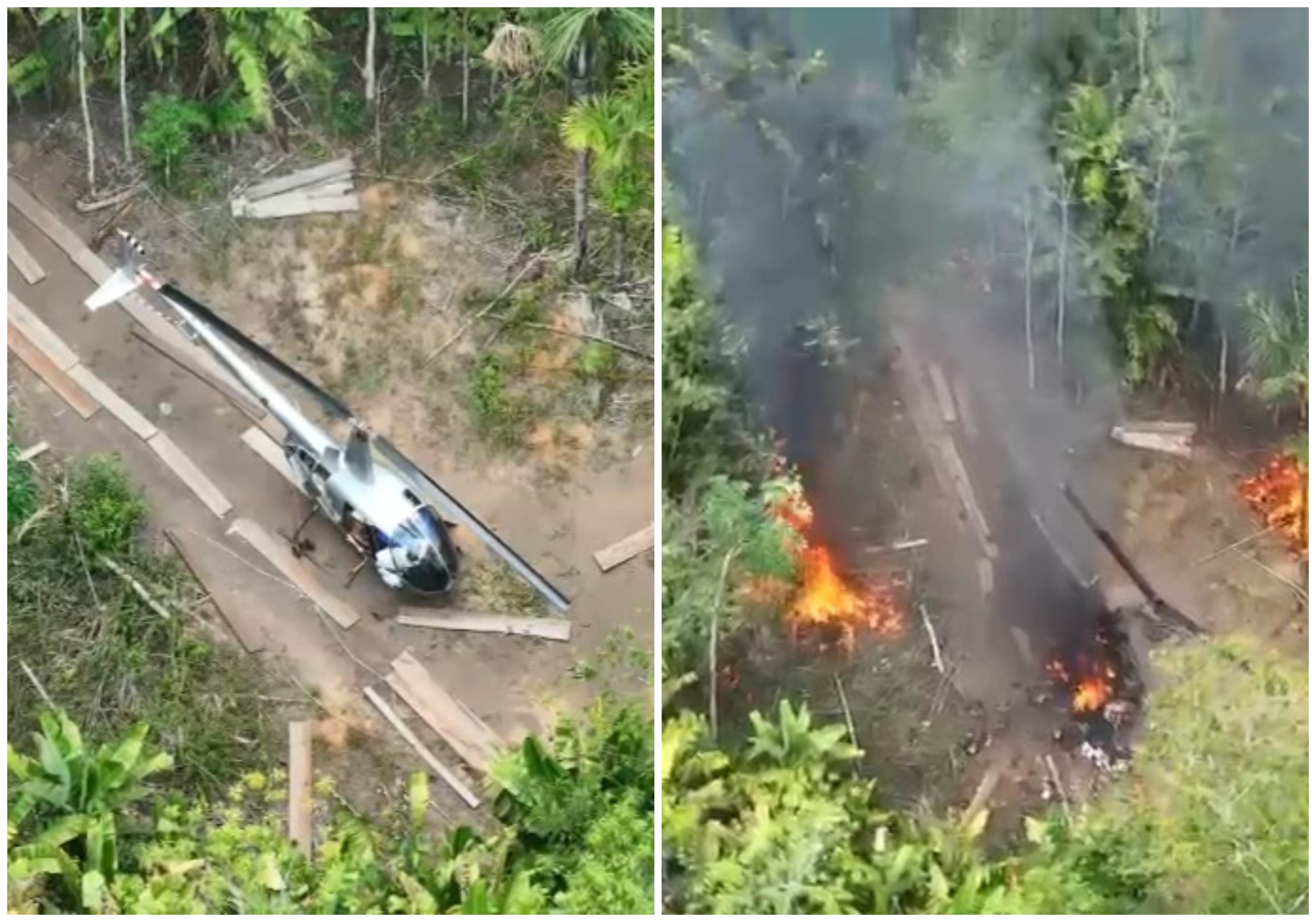 VÍDEO: Helicóptero usado em garimpo ilegal é destruído em área de mata em Roraima
