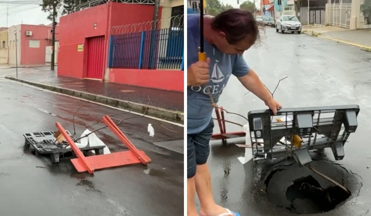 Asfalto cede, buraco se abre e casal se fere na Vila Industrial, em Campinas