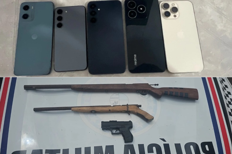 A polícia apreendeu as armas e os celulares levados no crime — Foto: Divulgação/Polícia Militar do Maranhão