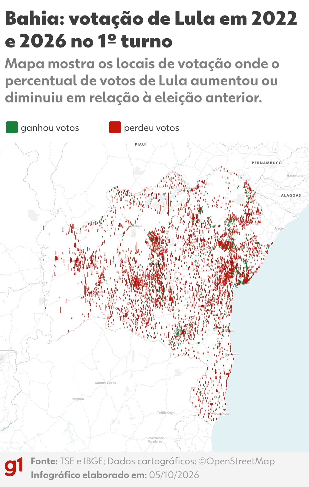 Bahia: vota&ccedil;&atilde;o de Lula em 2022 e 2026 no 1&ordm; turno - Mapa mostra os locais de vota&ccedil;&atilde;o onde o percentual de votos de Lula aumentou ou diminuiu em rela&ccedil;&atilde;o &agrave; elei&ccedil;&atilde;o anterior. - BA - presidente 2026 turno-1 - quadrado_g1 g1-alt spike - 05/10/2026 &mdash; Foto: Arte G1