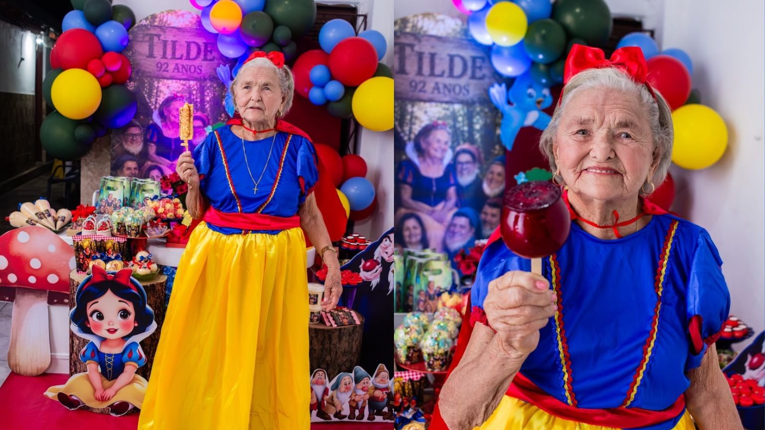 Idosa comemora aniversário de 92 anos como Branca de Neve ao lado dos sete filhos em Natal
