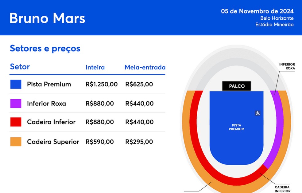 Veja os preços e os locais oferecidos par ao show de Bruno Mars em BH — Foto: Ticketmaster/Divulgação