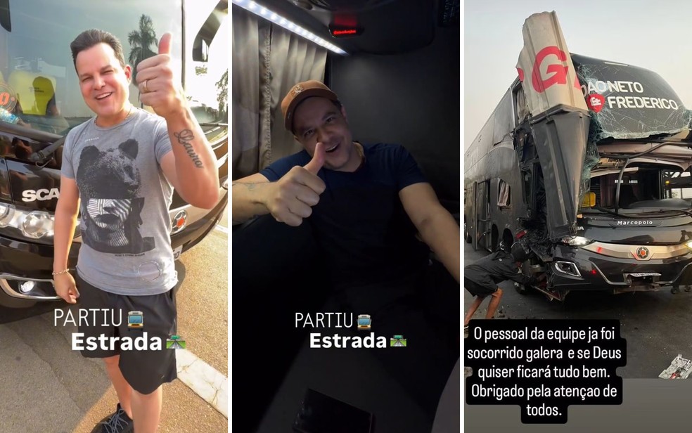 João Neto e Frederico e ônibus da dupla que sofreu acidente em MG - Goiás — Foto: Reprodução/Redes Sociais