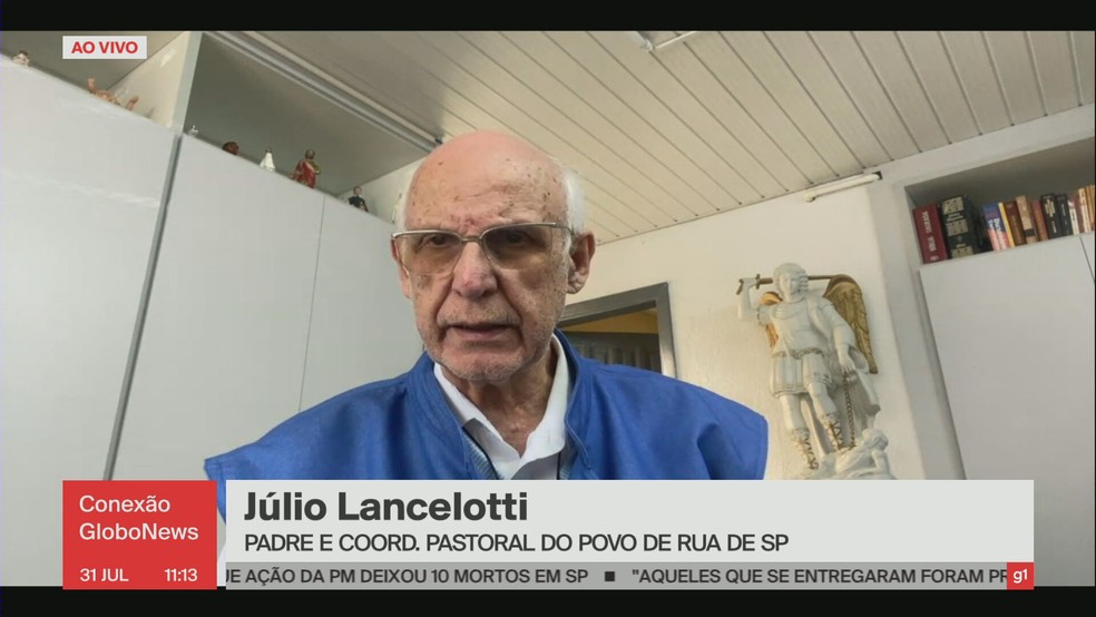 Padre Julio Lancellotti em entrevista à GloboNews — Foto: Reprodução/GloboNews