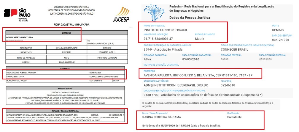 Endereço das duas empresas que pertencem à empresária Karina Gama. — Foto: Reprodução/TV Globo