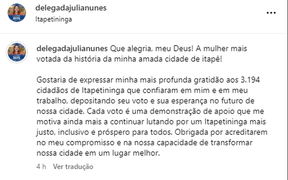 Vereadora eleita, Delegada Júlia Nunes (PSD), agradeceu os eleitores nas redes sociais. — Foto: Reprodução/Redes Sociais