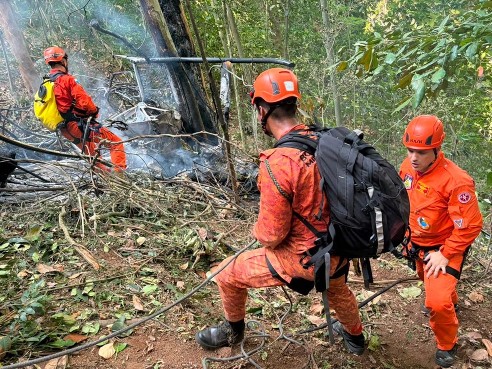 Bombeiros trabalham para chegar até a área onde caiu um helicóptero perto da Vista Chinesa, na Zona Sul do Rio. — Foto: Divulgação
