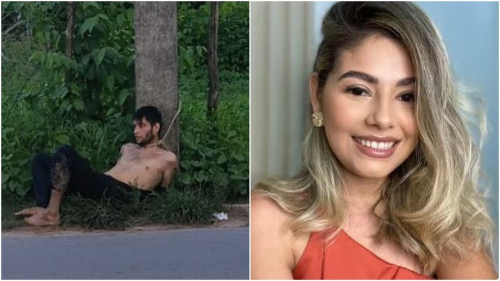 Anderson Renan Magalhães Freitas, de 35 anos, suspeito de matar a ex-esposa Ana Karolina Sousa, de 31 anos, em Itapipoca, foi capturado pela população e amarrado a um poste. — Foto: Reprodução