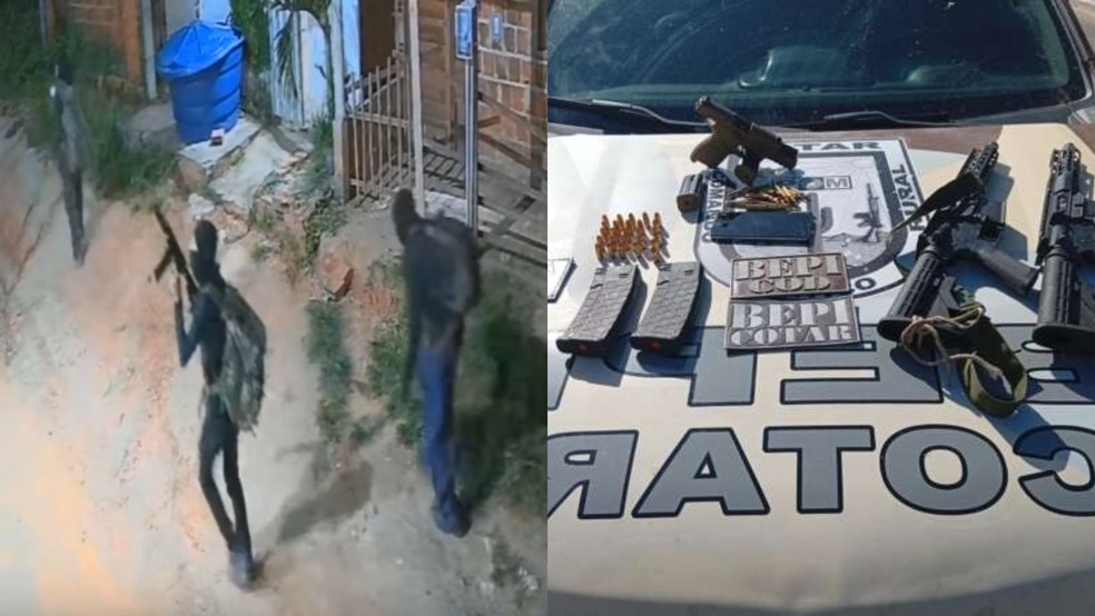 Fuzis e uma pistola foram apreendidos durante ocorrência em Maranguape (CE). — Foto: Reprodução/PMCE