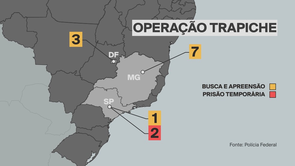 Mapa mostra alvos da operação Trapiche, que prendeu suspeitos de planejar atos terroristas — Foto: GloboNews/Reprodução