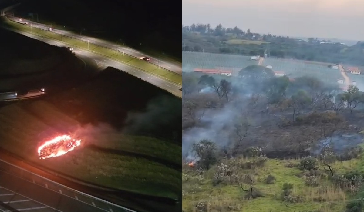 Incêndio destrói grama e atinge árvores em acesso à Rodovia Francisco Von Zuben, em Valinhos