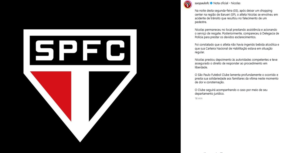 Comunicado do São Paulo sobre o atropelamento em Barueri. — Foto: Reprodução/Redes Sociais