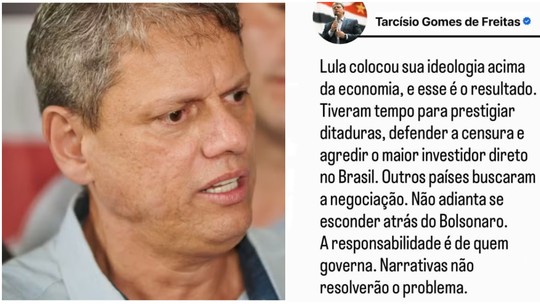 Tarifa de 50%: Tarcísio responsabiliza Lula por taxa de Trump sobre o Brasil