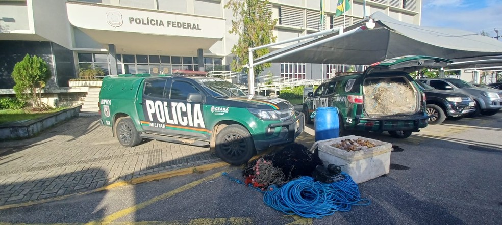 Grupo preso e material apreendido foram levados à Polícia Federal, em Fortaleza. — Foto: PMCE/Reprodução