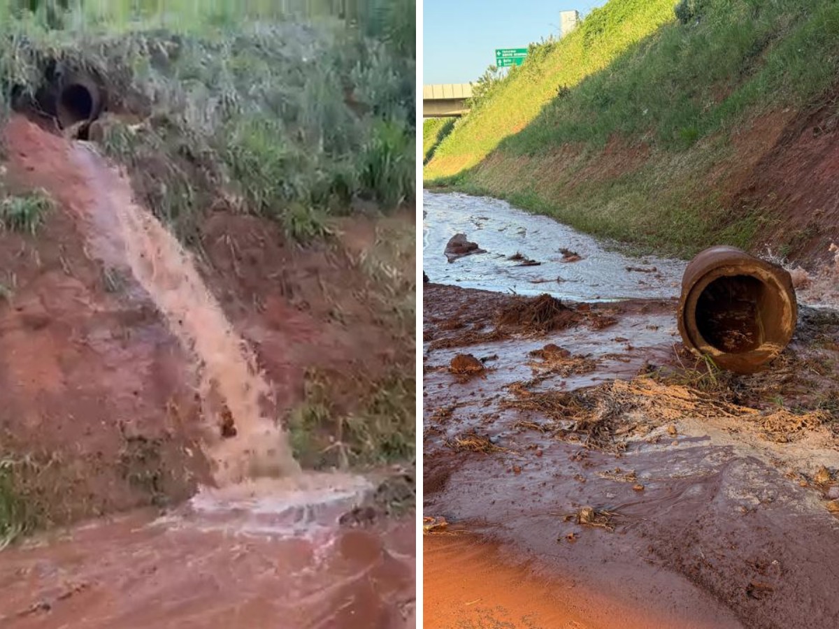 Rompimento de adutora causa vazamento de água às margens da Rodovia Santos Dumont em Indaiatuba