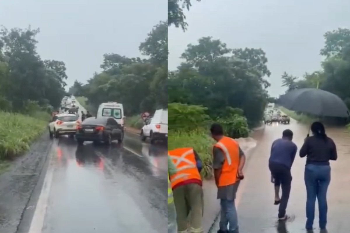 Trecho da Estrada da Guia é liberado após alagamento durante chuva forte em MT; VÍDEO