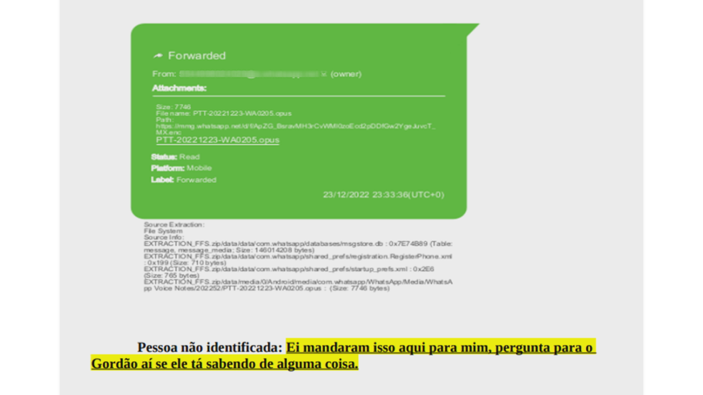 Pessoa não identificada diz que recebeu informações da polícia — Foto: Polícia Civil