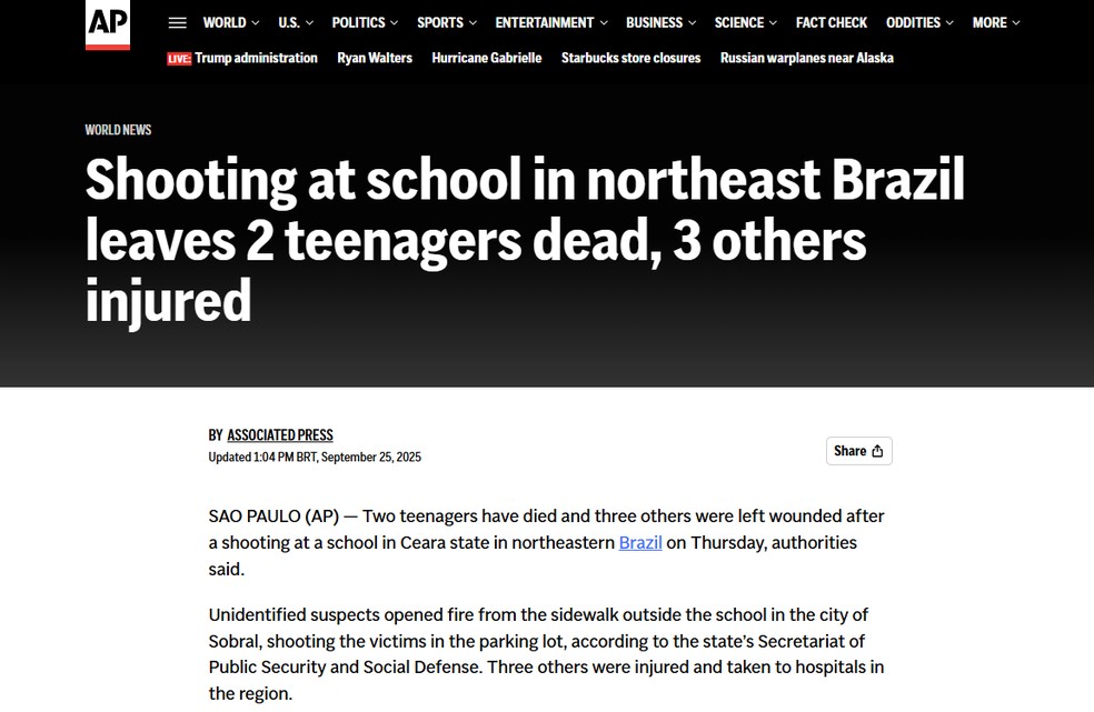 Reportagem da Associated Press, dos Estados Unidos, sobre o ataque a tiros em uma escola em Sobral, no interior do Ceará, em 25 de setembro de 2025. — Foto: Reprodução