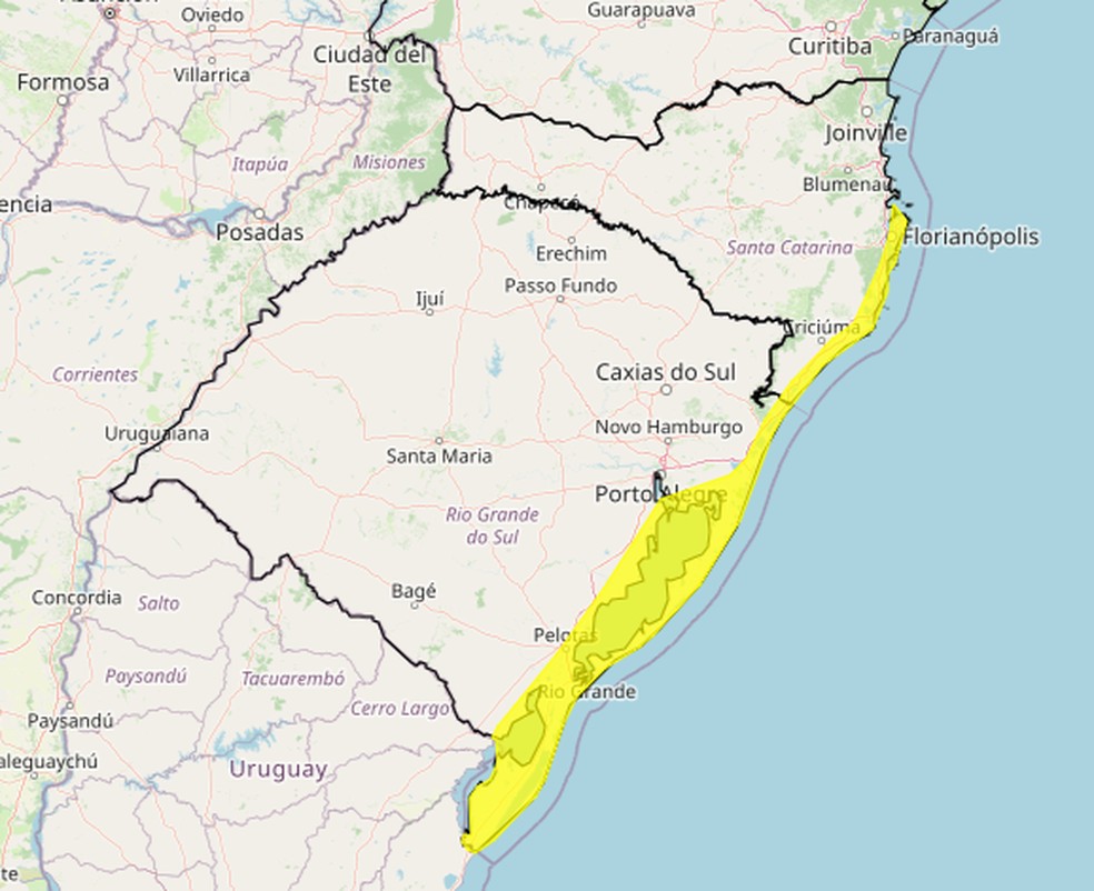 Litoral do Rio Grande do Sul e de Santa Catarina podem ter ventos fortes com a mudança de tempo. — Foto: Inmet