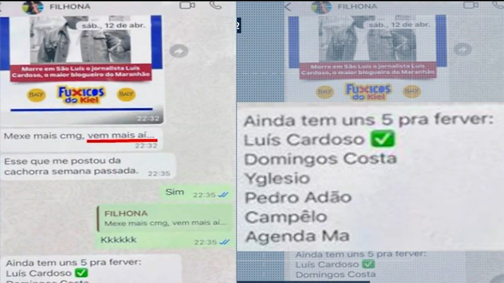 Mensagens entre Tainá e o pai, Otávio, indicavam uma lista de pessoas marcadas para morrer, segundo a polícia — Foto: Reprodução/TV Mirante