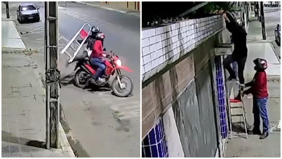 Assaltantes usaram escada portátil para pular muro de casa em Várzea Alegre — Foto: Reprodução